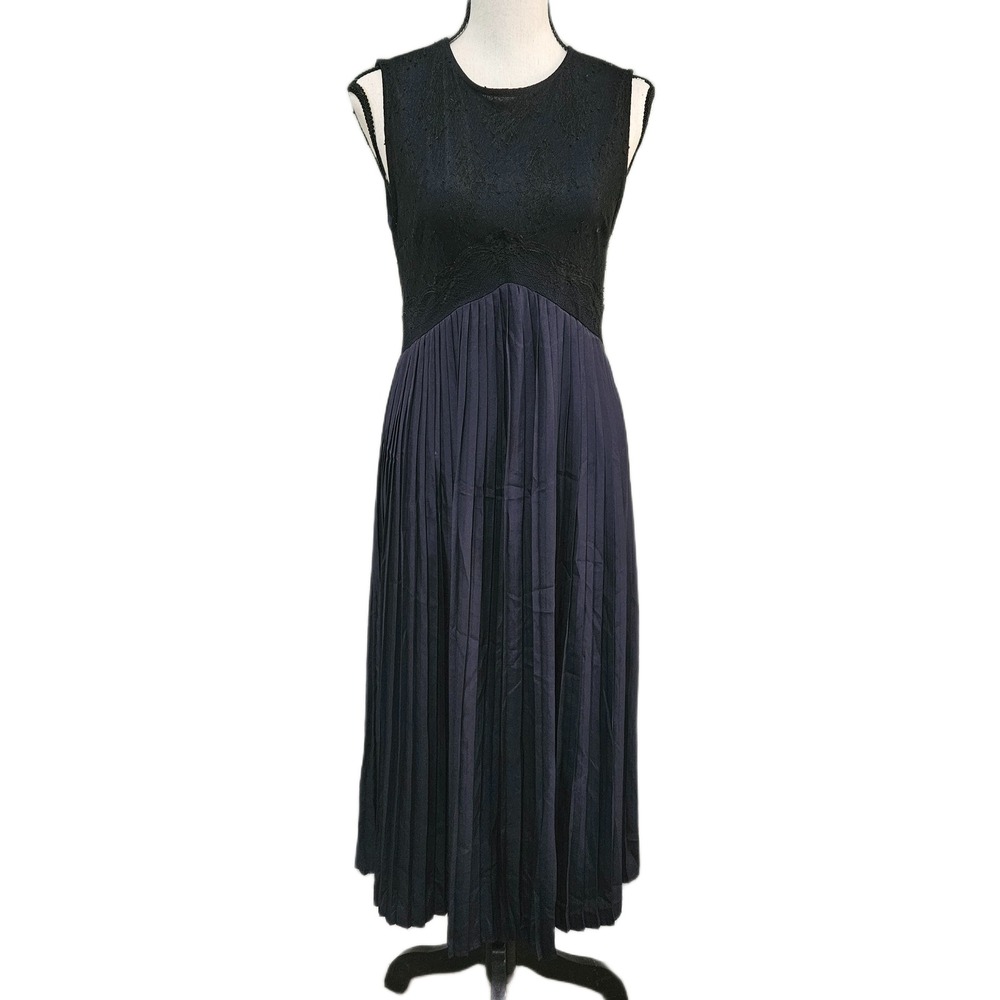 ZARA Women's Size Medium Pleated Satin and Lace Navy and Black Midi Dress‎